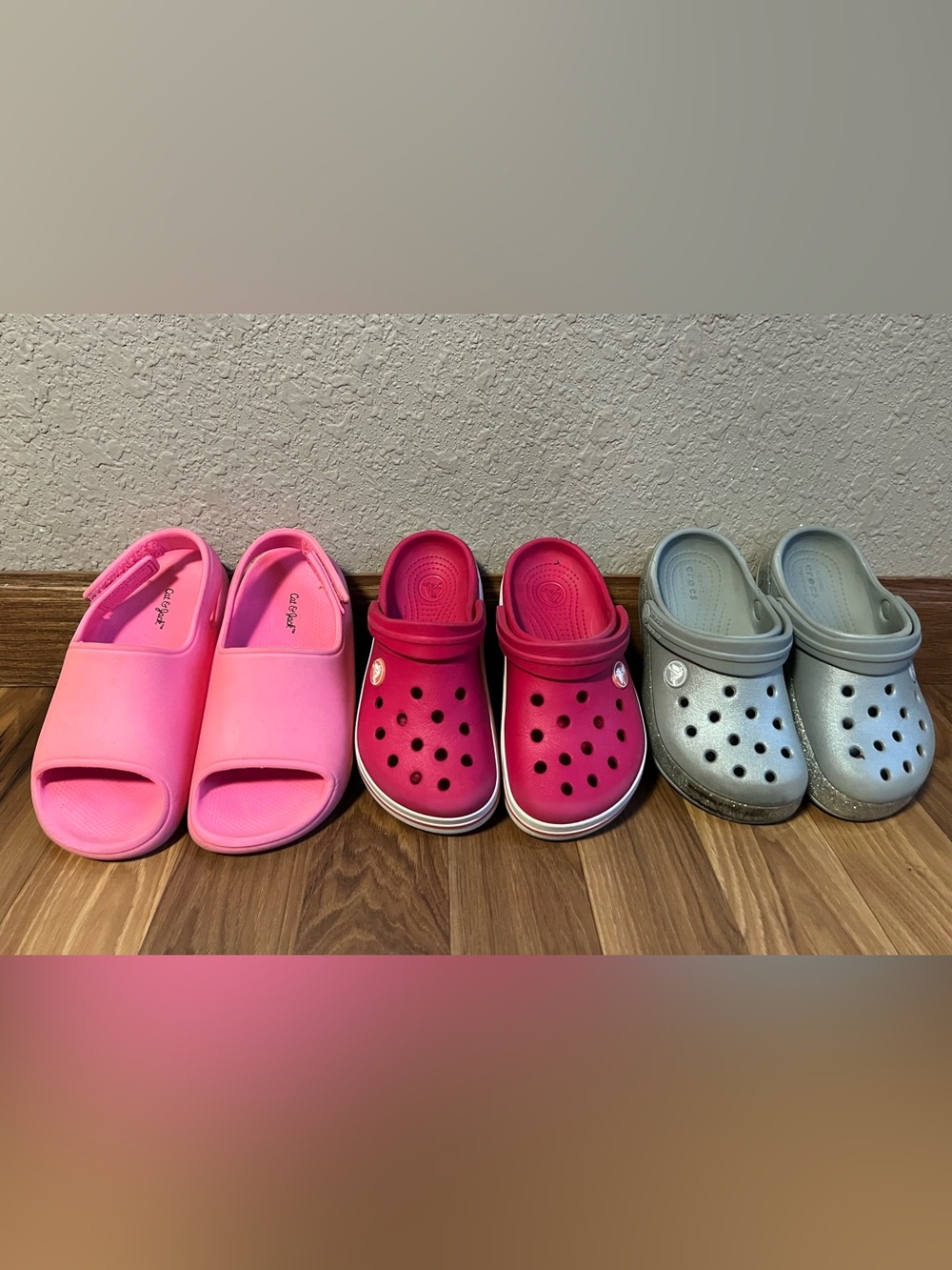 CROCS Kids Mix: Pink Slides, Hot Pink Clogs & Silver Metallic Clogs
